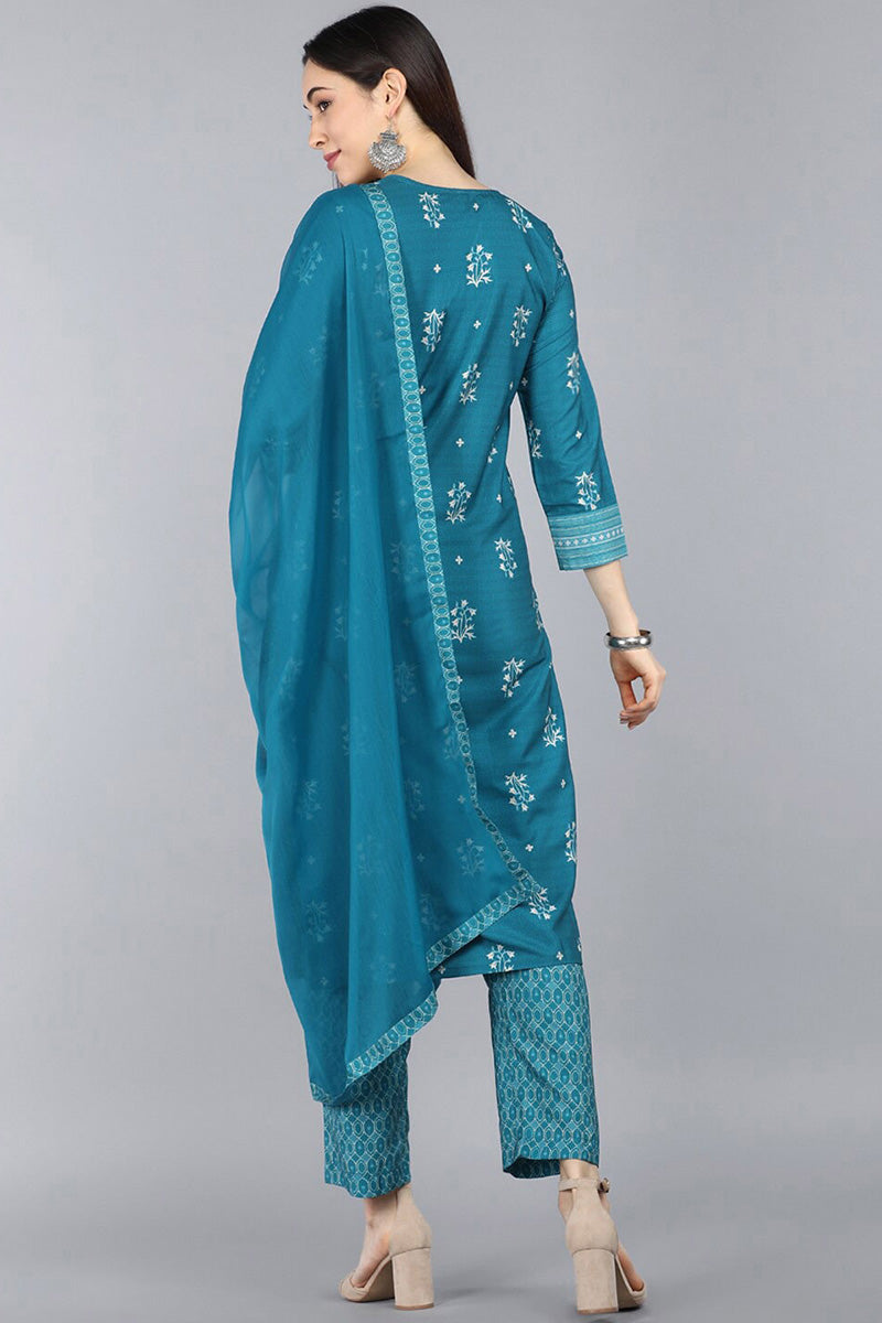 Teal Blue Poly Crepe Ethnic Motifs Straight Suit Set PKSKD1091