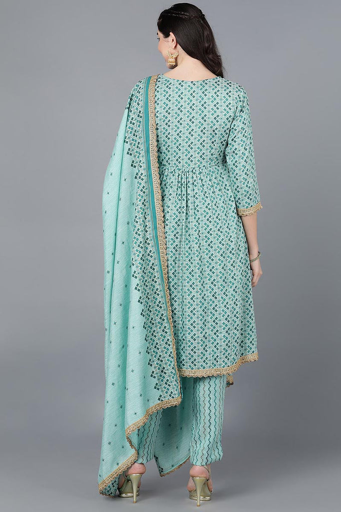  Women Sea Green Cotton Blend Printed Kurta Trousers With Dupatta 