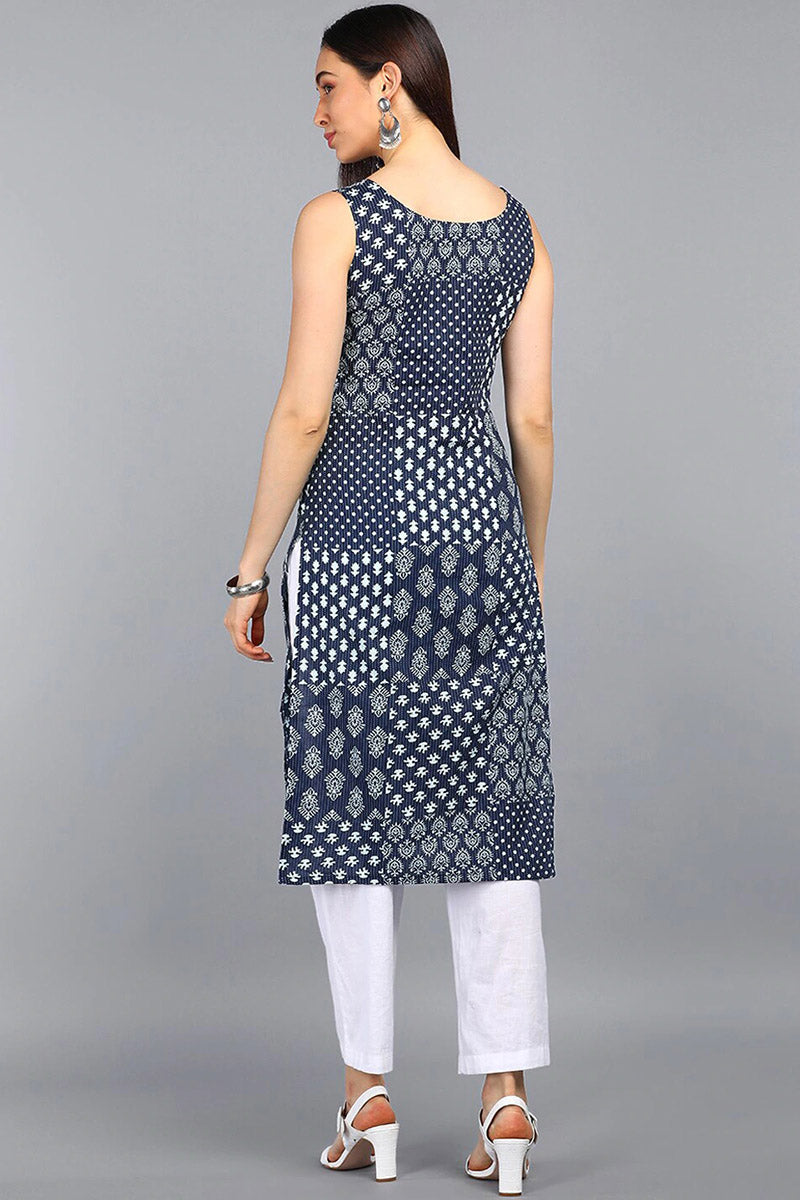  Women Blue Geometric Thread Work Kurta