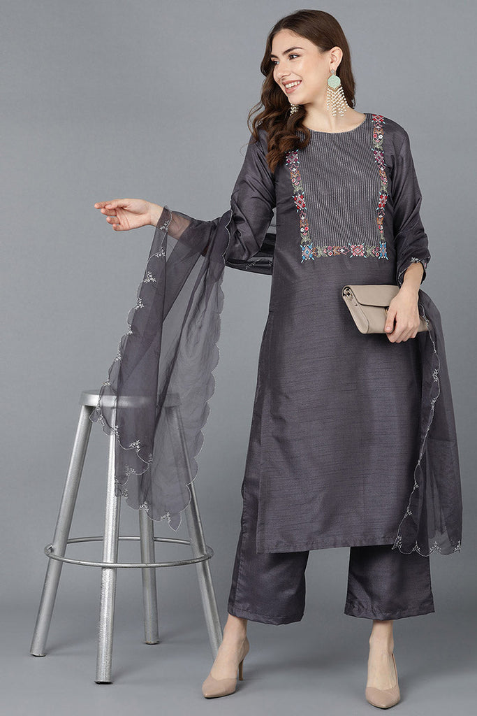 Grey Poly Silk Embroidered Kurta Trousers With Dupatta 