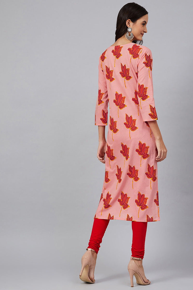   Pink & Red Screen Floral Printed Straight Kurta