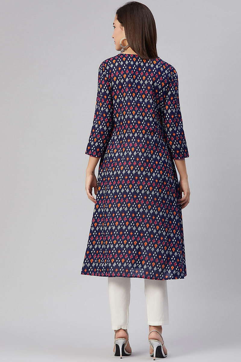  Women Cotton Navy Blue Ethnic Motifs Printed A-Line