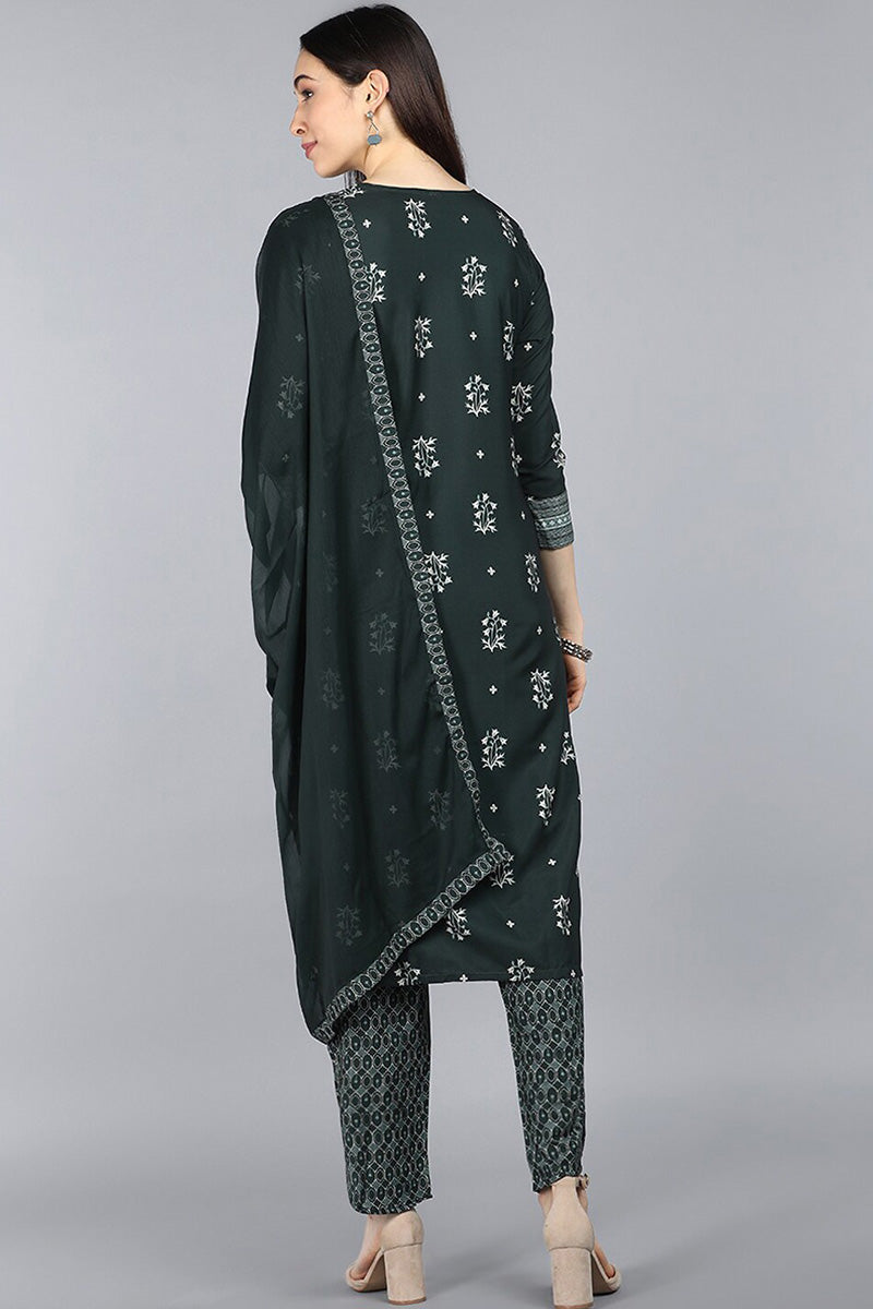  Women Green Floral Printed Kurta with Churidar Dupatta