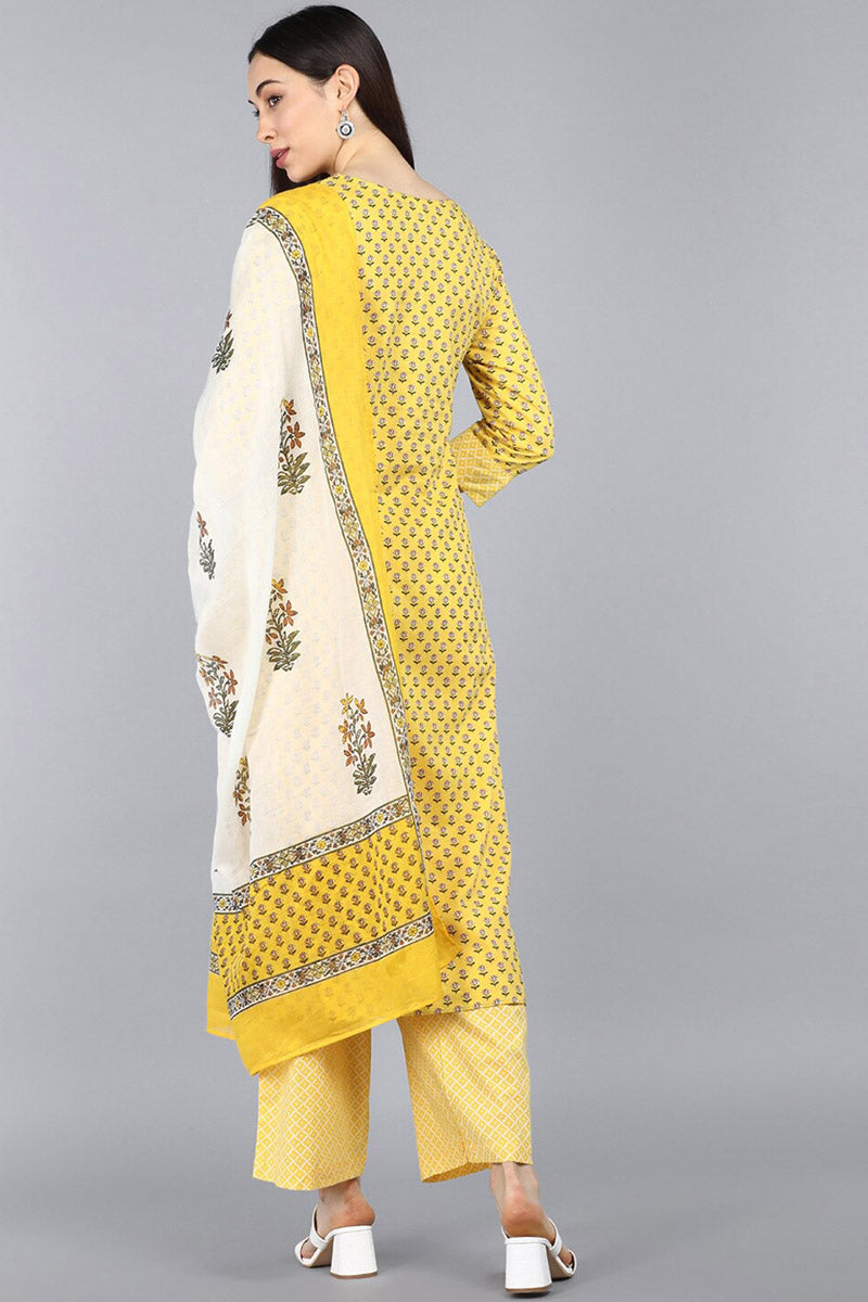  Women Yellow Ethnic Motifs Printed Pure Cotton Kurta Set With Dupatta