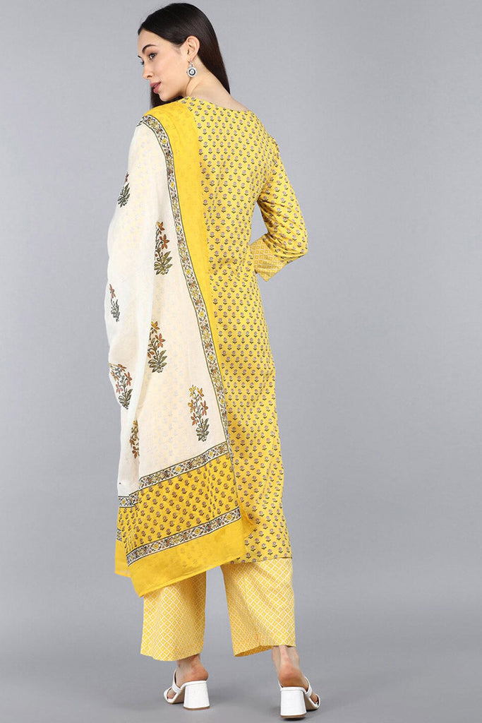  Women Yellow Ethnic Motifs Printed Pure Cotton Kurta Set With Dupatta