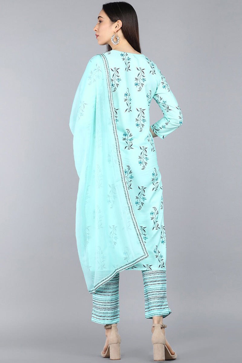  Women Turquoise Blue Floral Printed Kurta with Trousers Dupatta 