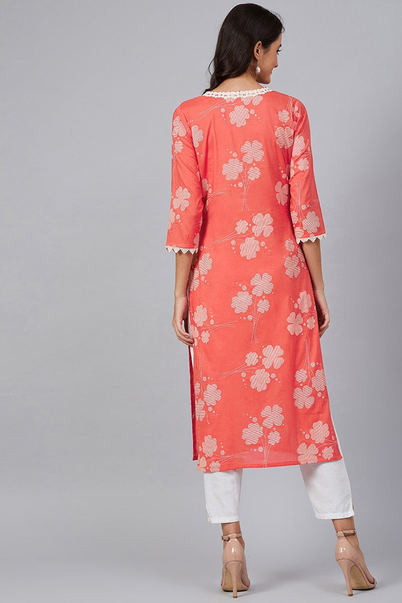   Coral Red & White Printed Straight Kurta