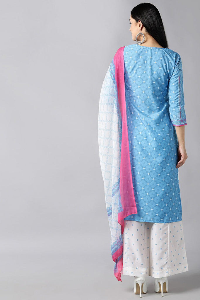  Women Blue Ethnic Motifs Printed Panelled Kurta with Skirt With Dupatta Set