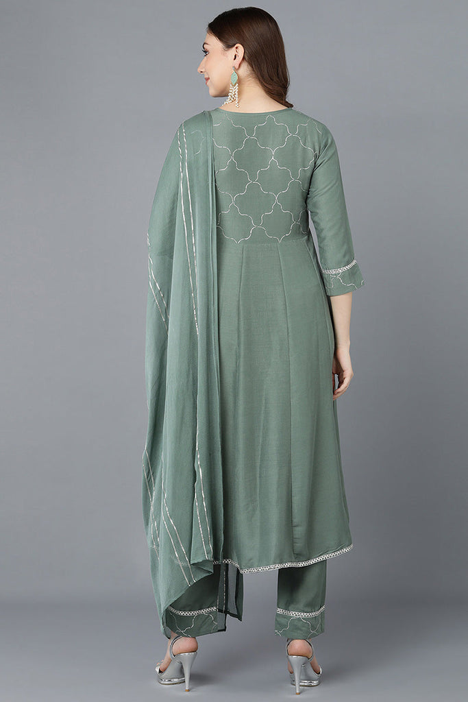  Women Teal Poly Silk Embroidered Kurta Trousers With Dupatta 