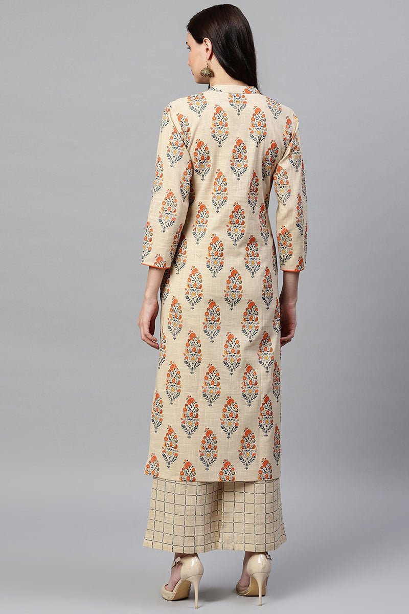   Beige Color Function Wear Cotton Fabric Printed Kurta And Palazzo Set