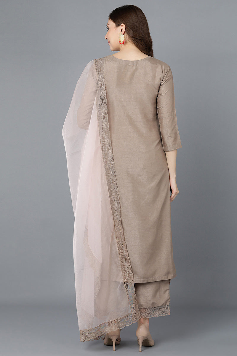  Women Nude Poly Silk Embroidered Kurta Trousers With Dupatta 