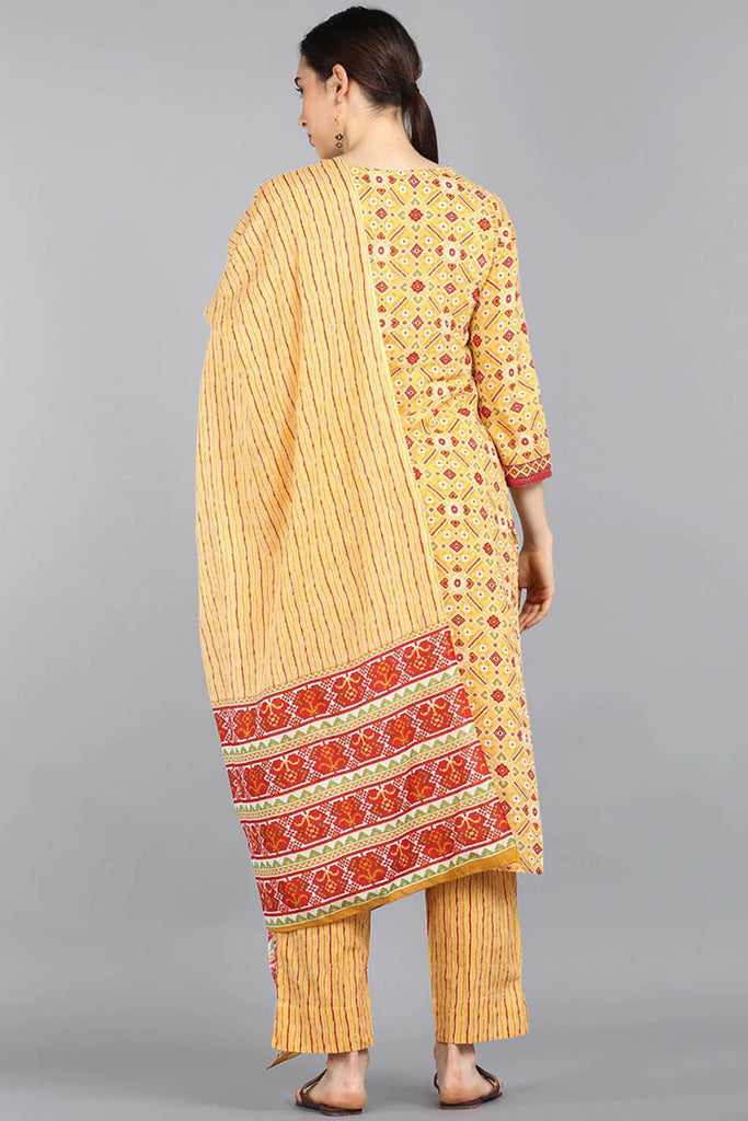  Women Yellow Pink Ethnic Motifs Printed Pure Cotton Kurta With Trousers Dupatta Set