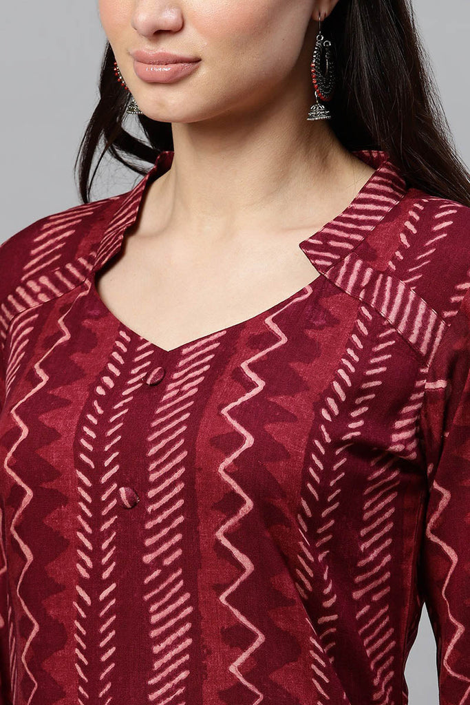   Regular Wear Cotton Fabric Printed Maroon Color Simple Kurta And Palazzo Set