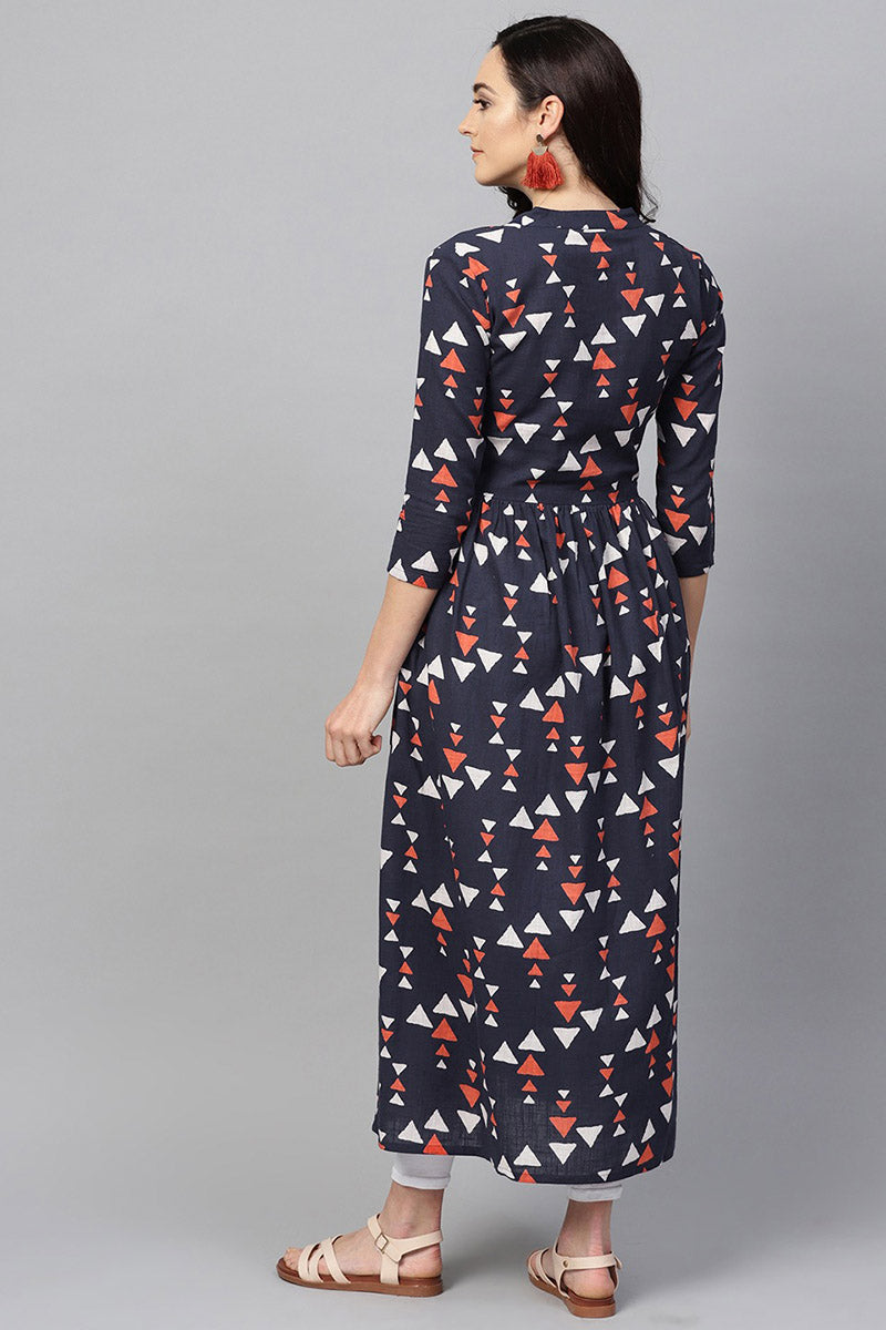  Women Navy Blue & Orange Printed A Line Kurta