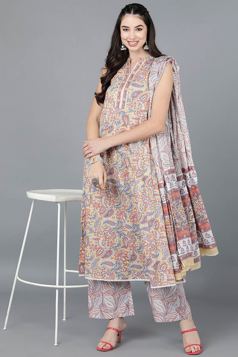  Women Yellow Pure Cotton Printed Kurta Palazzos With Dupatta 