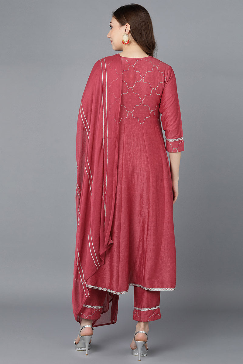  Women Red Poly Silk Embroidered Kurta Trousers With Dupatta