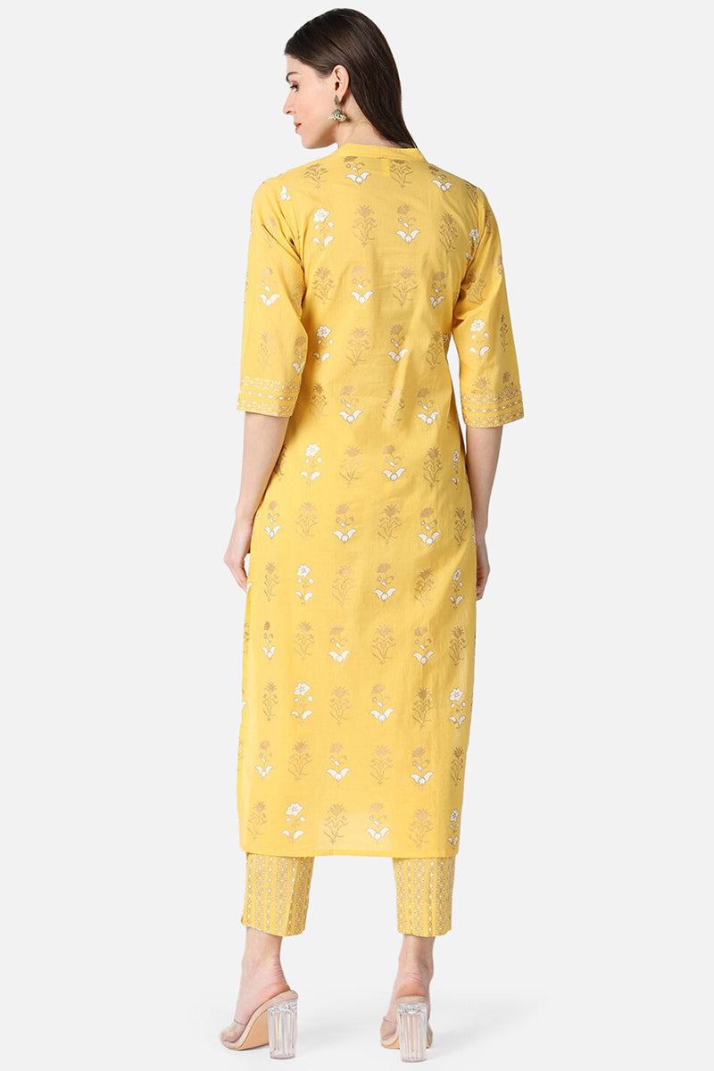  Women Yellow Golden Printed Kurta with Trousers Set