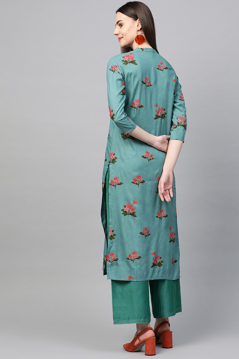   Cotton Fabric Trendy Festive Wear Light Cyan Color Printed Kurti