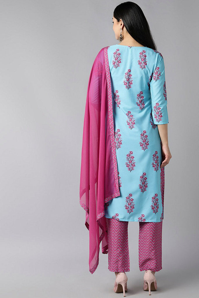  Women Blue Ethnic Motifs Embroidered Panelled Kurti with Salwar With Dupatta Set