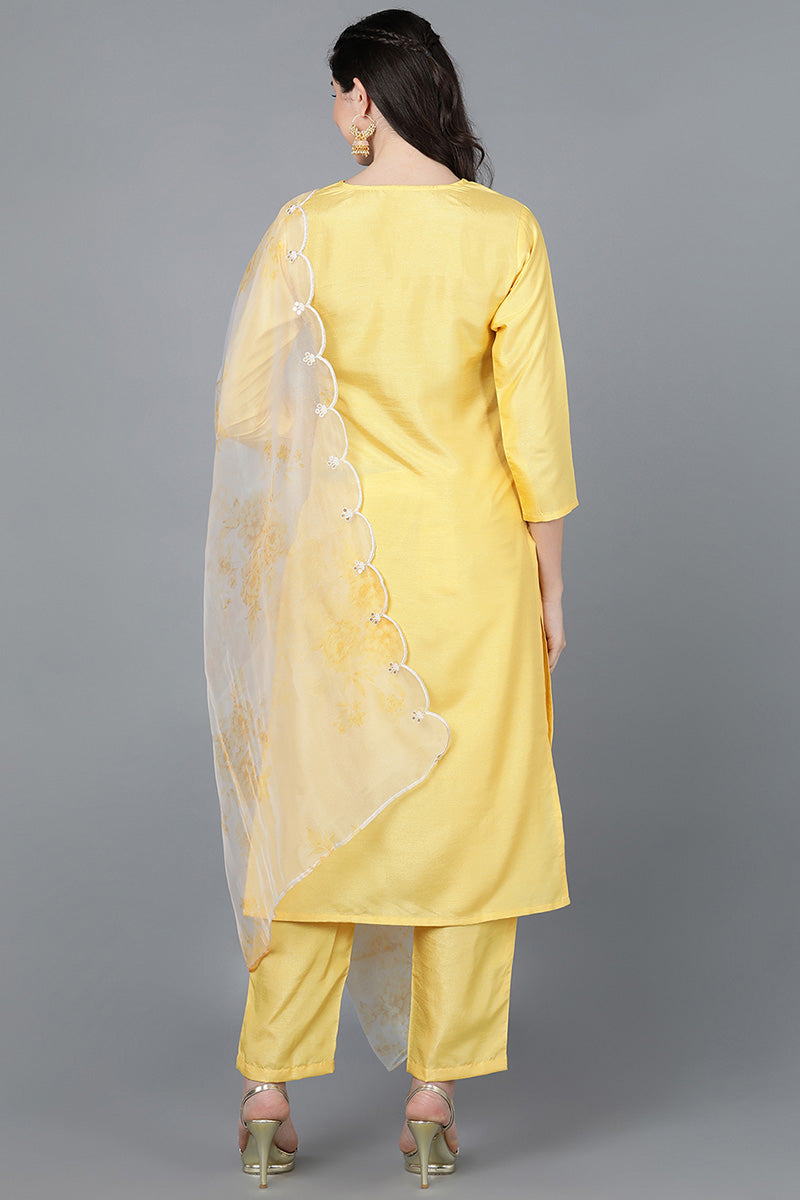  Women Yellow Poly Silk Embroidered Kurta Trousers With Dupatta