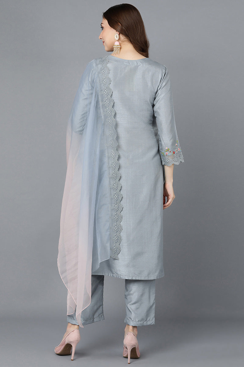  Women Grey Poly Silk Embroidered Kurta Trousers With Dupatta