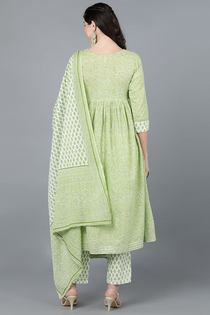  Women Green Pure Cotton Printed Kurta Trousers With Dupatta 