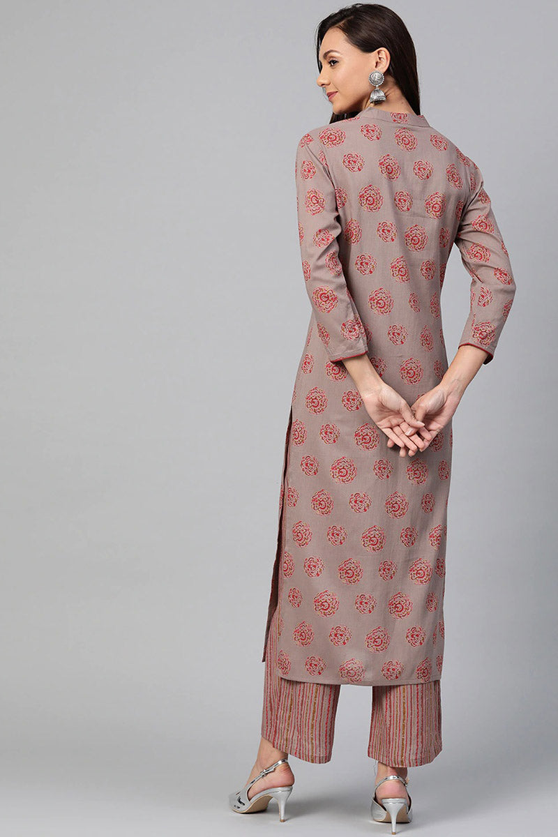   Regular Wear Cotton Fabric Printed Wine Color Simple Kurta And Palazzo Set