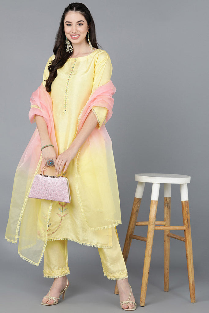  Women Yellow Poly Silk Embroidered Kurta Trousers With Dupatta 