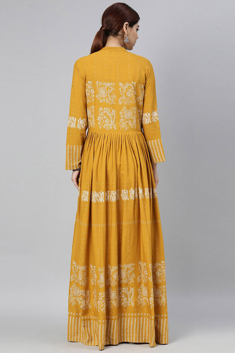  Women Mustard Yellow & White Floral Printed A Line Kurta