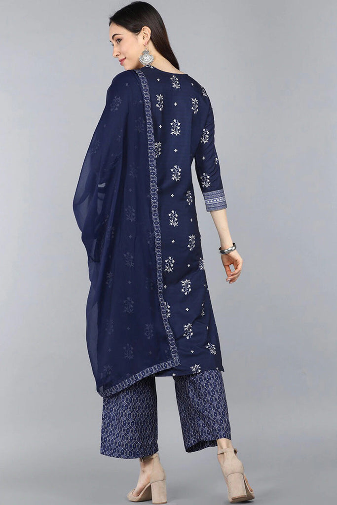  Women Navy Blue Floral Printed Kurta Set With Dupatta