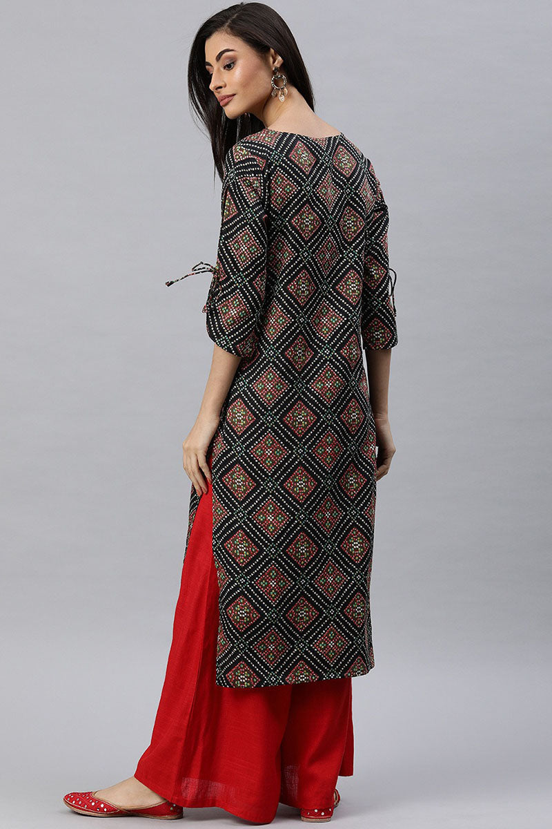   Black And Brown Bandhani Printed Straight Kurta