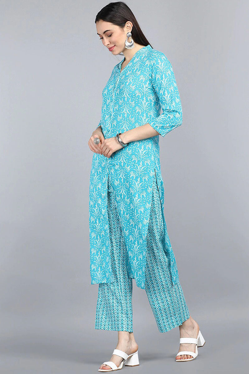  Women Turquoise Blue Ethnic Motifs Printed Pure Cotton Kurta