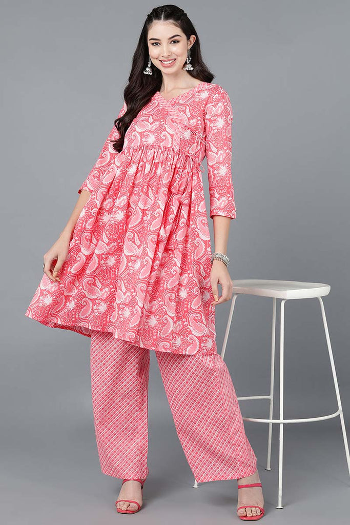  Women Pink Pure Cotton Printed Kurta Trousers