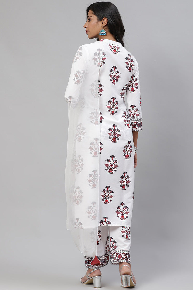  Women White Maroon Ethnic Printed Regular Kurta with Trousers With Dupatta