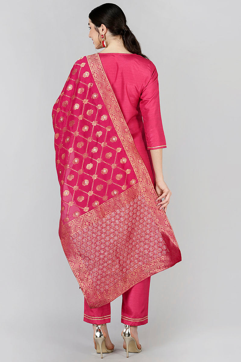  Women Red Yoke Design Kurta Trousers With Dupatta 