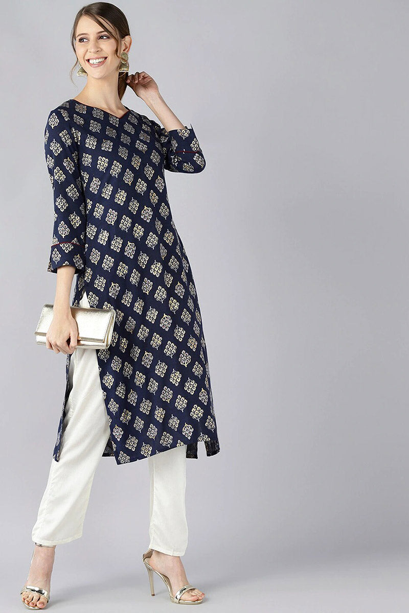   Navy Blue And Gold Toned Floral Printed Straight Kurta