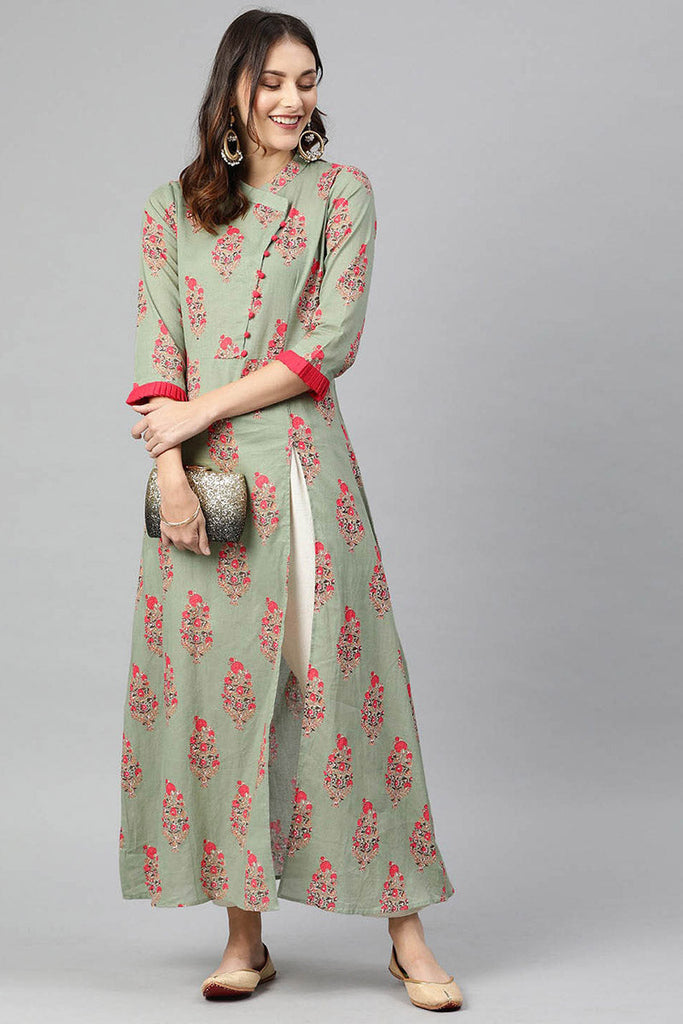   Green And Red Printed A Line Kurta