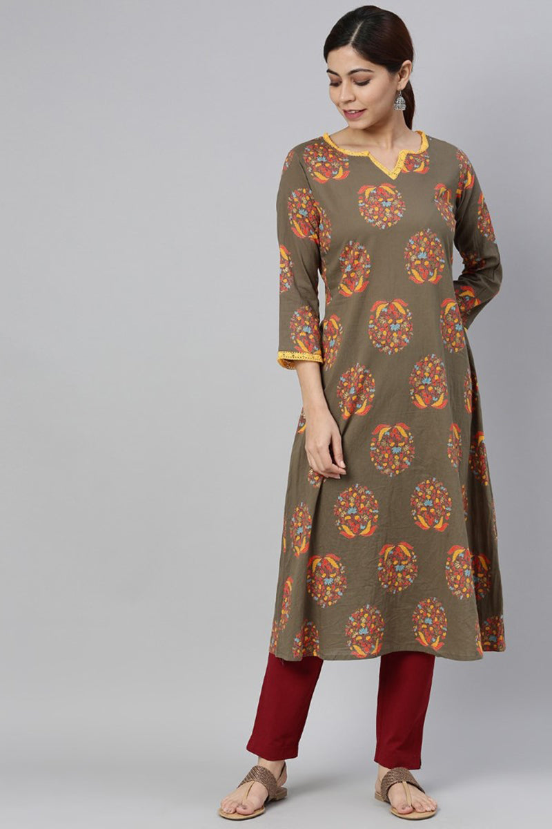  Women Taupe Yellow Floral Printed Kurta with Lace Detail