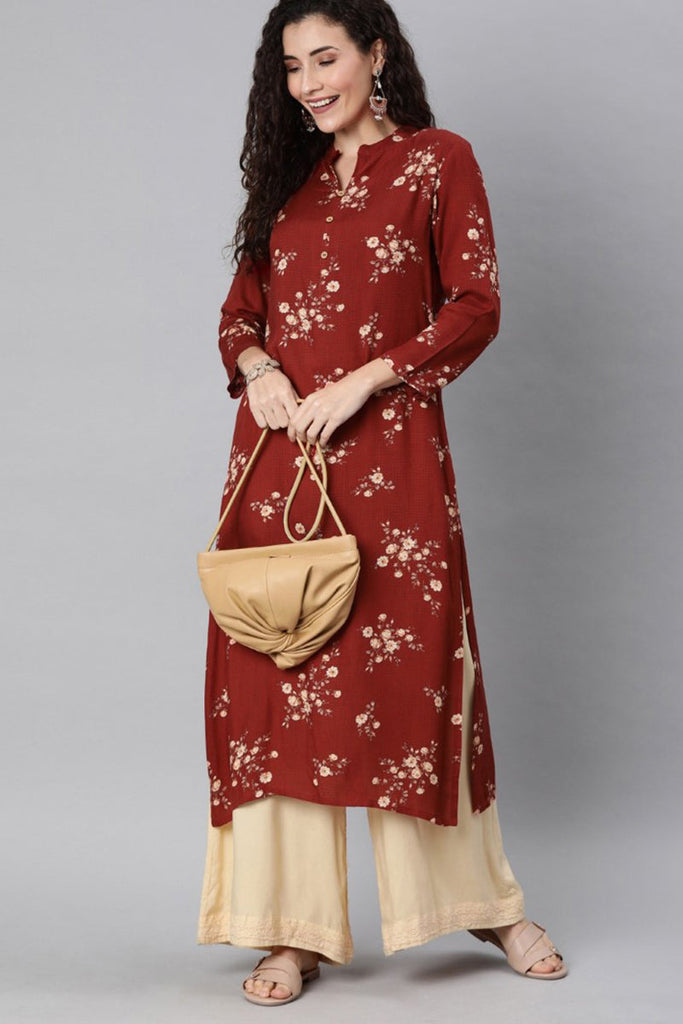   Maroon And Pink Printed Straight Kurta