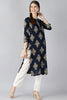   Navy Blue And Off White Floral Printed Cotton Straight Kurta