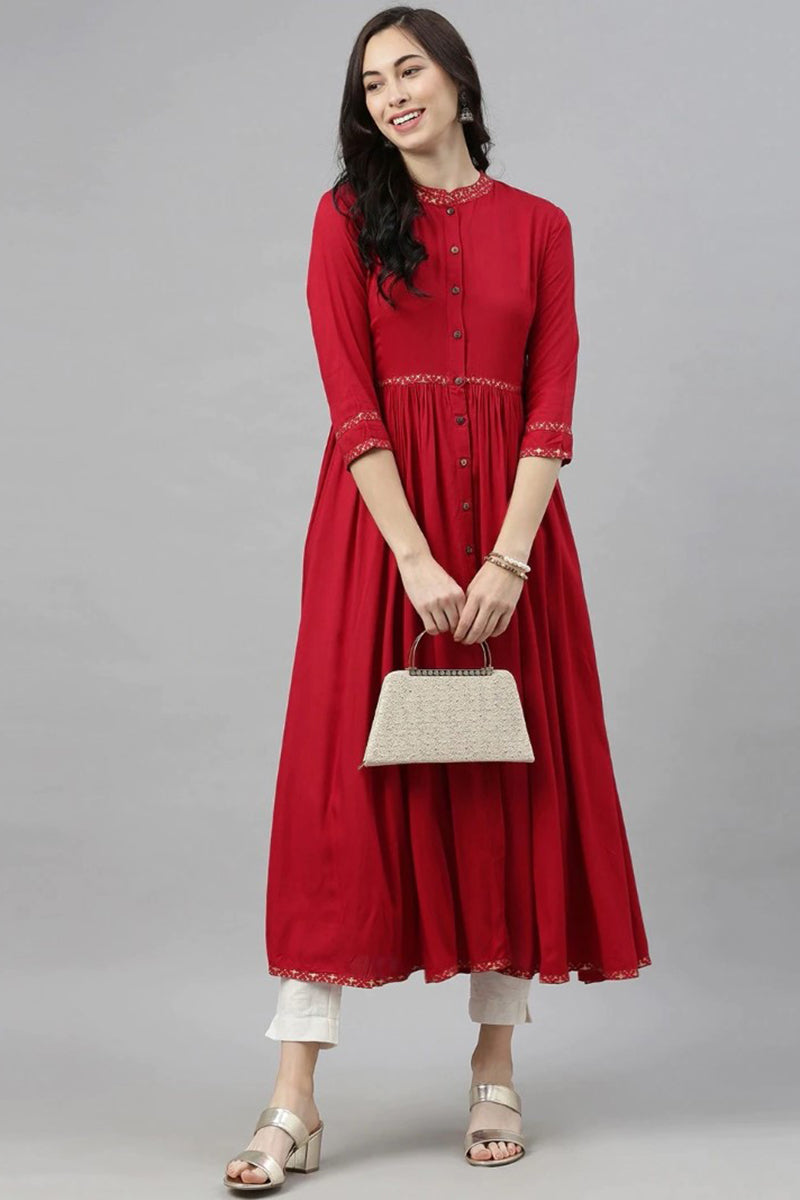  Women Red Solid Mandarin Collar Kurta