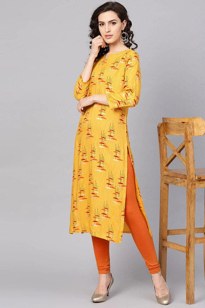   Beautiful Printed Mustard Color Cotton Fabric Kurti