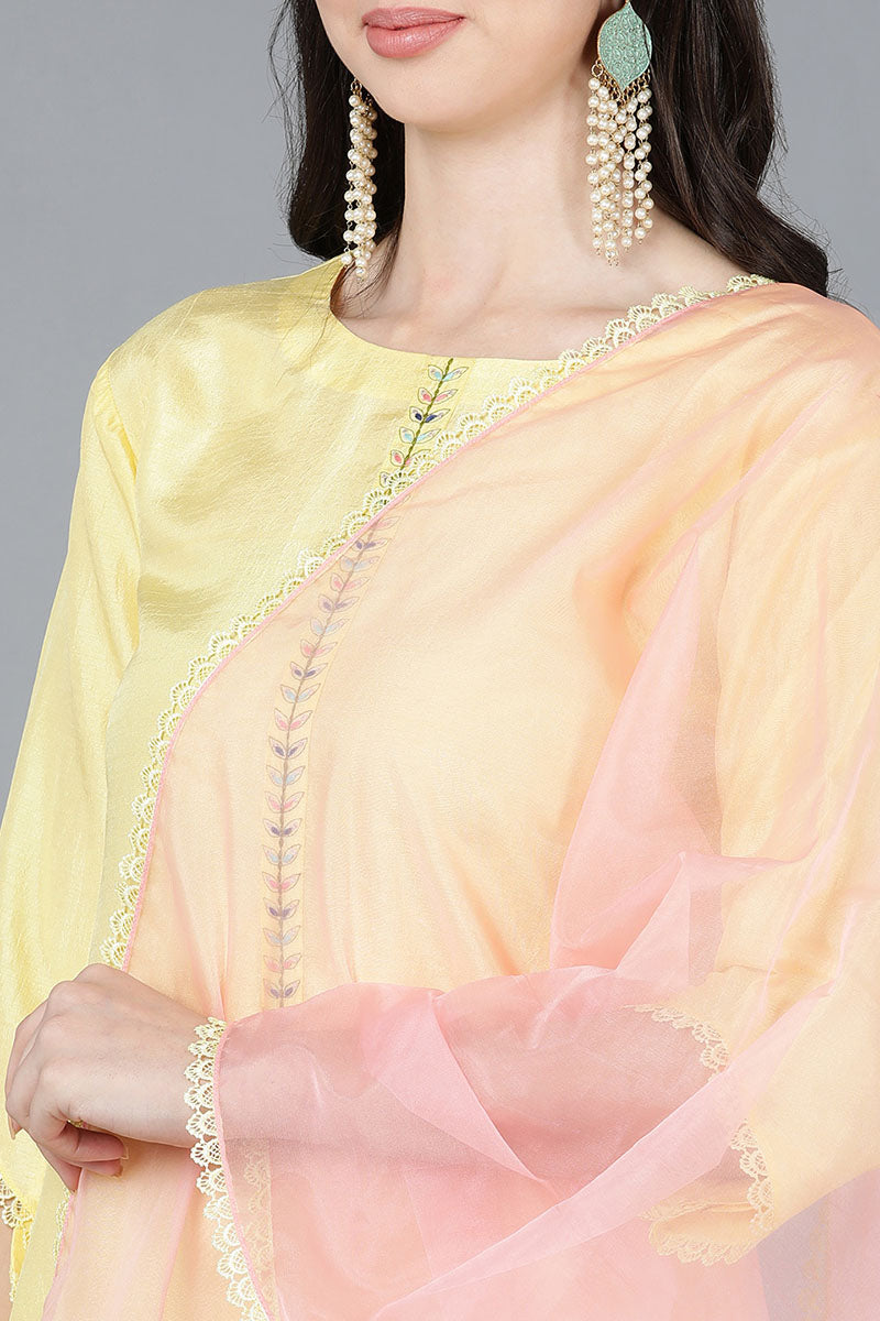  Women Yellow Poly Silk Embroidered Kurta Trousers With Dupatta 