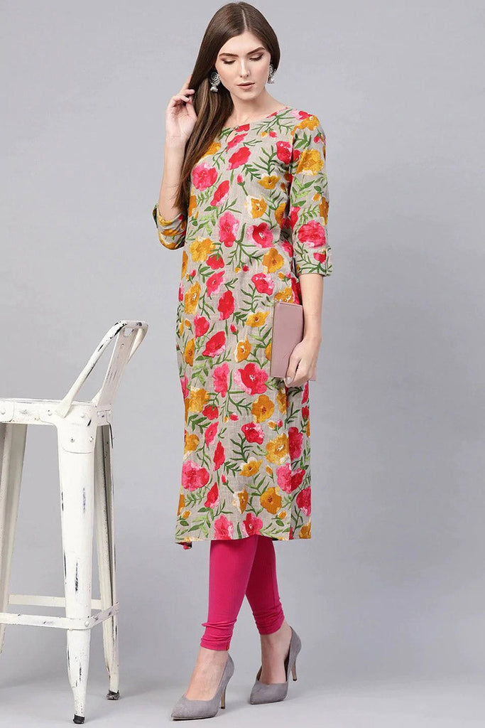   Printed Grey Cotton Fabric Kurti