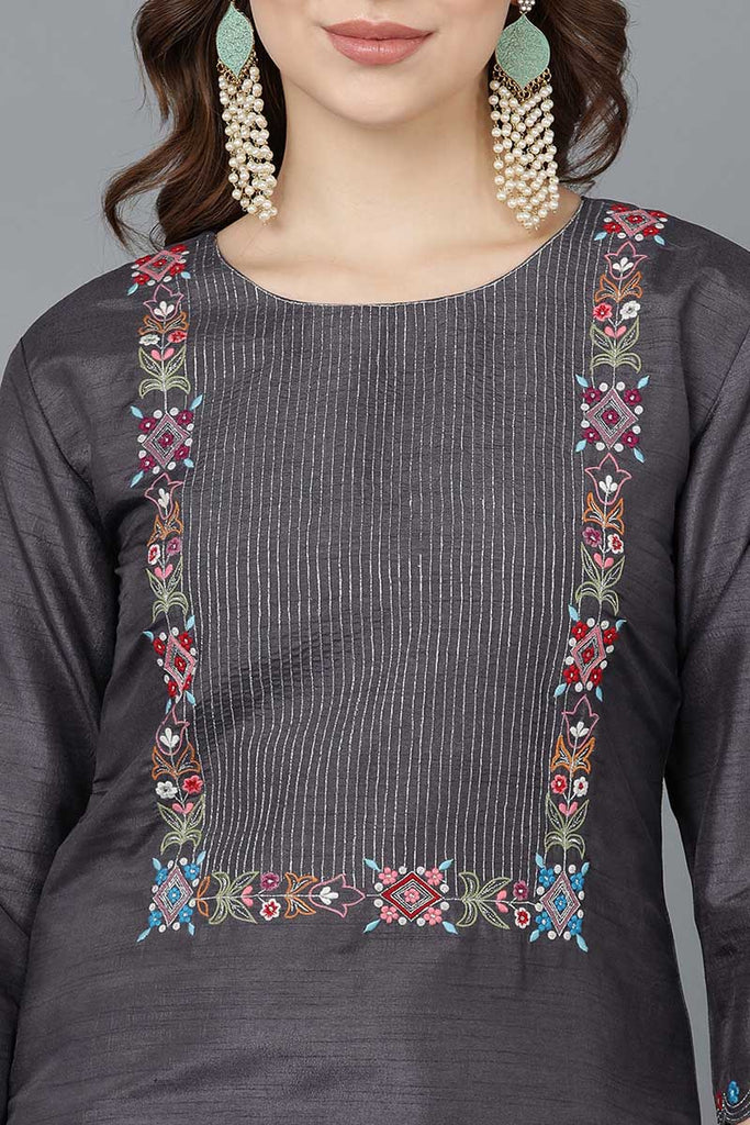 Grey Poly Silk Embroidered Kurta Trousers With Dupatta 