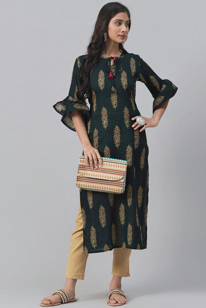   Green And Beige Printed Straight Kurta