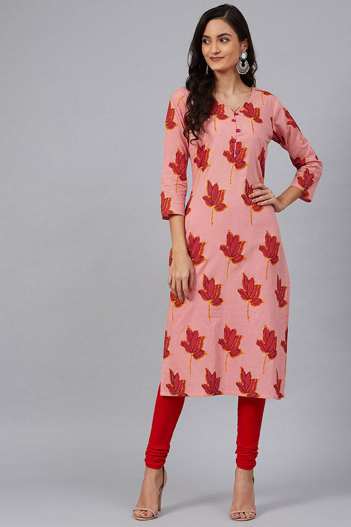   Pink & Red Screen Floral Printed Straight Kurta