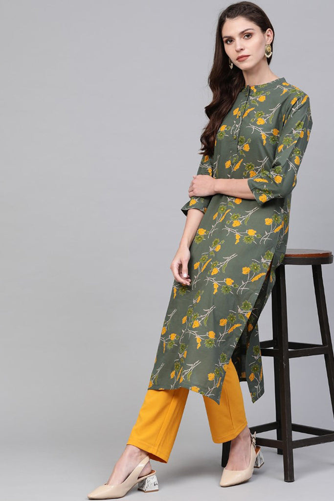   Cotton Fabric Printed Simple Function Wear Green Color Kurti