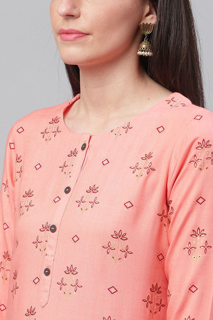  Women Coral Orange Red Screen Printed Straight Kurta