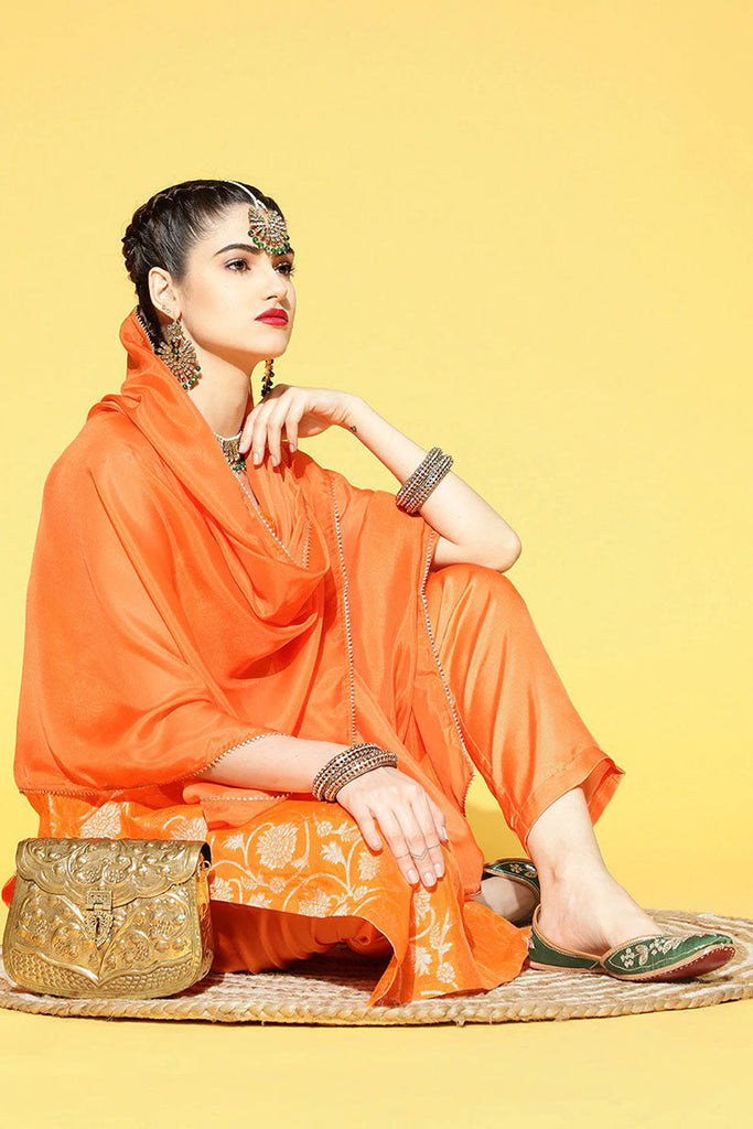  Women Orange Floral Woven Design Pure Cotton Kurta with Trousers With Dupatta Set